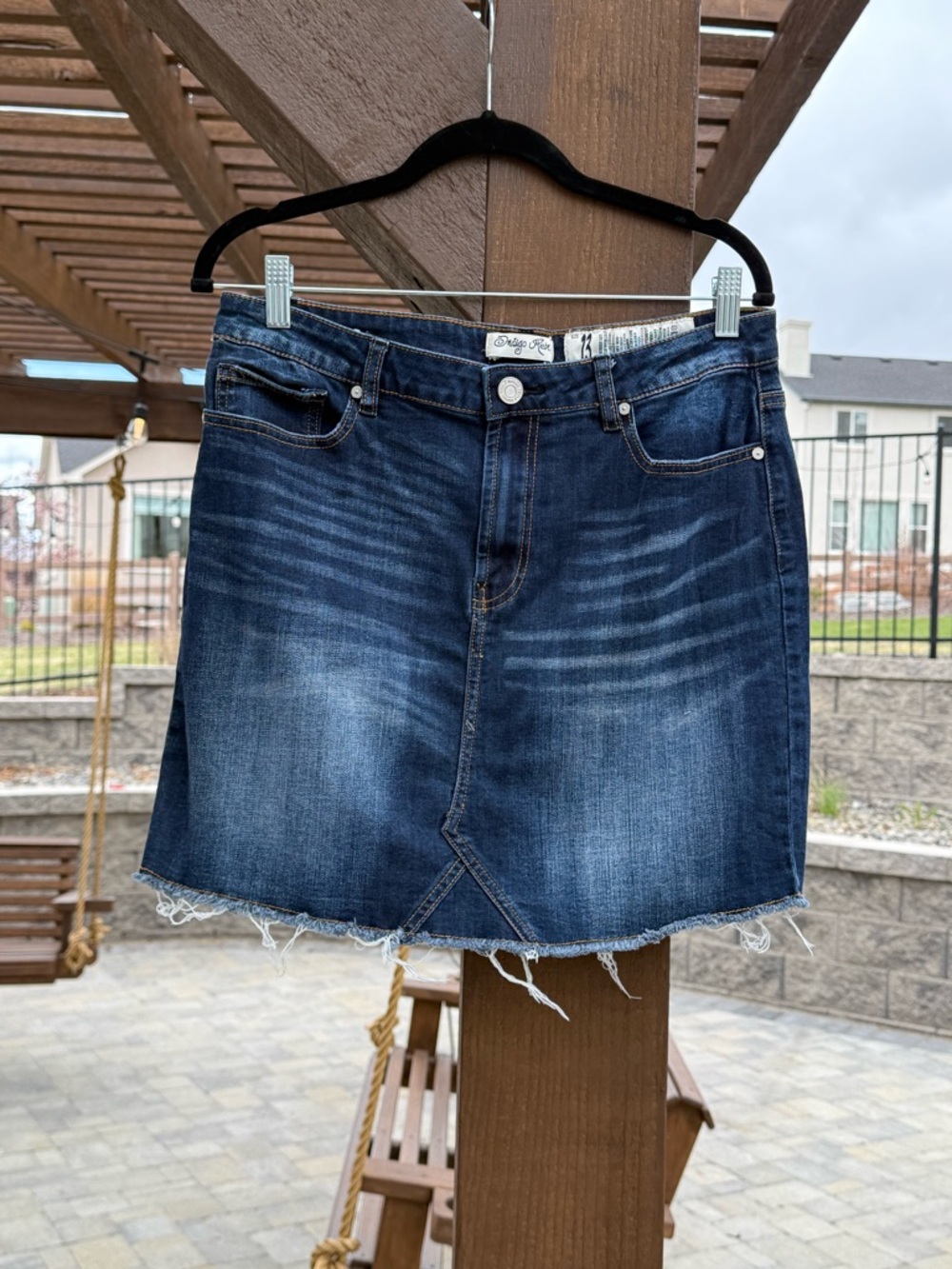 Indigo Rein Dark Blue Denim Mini Skirt with Frayed Hem